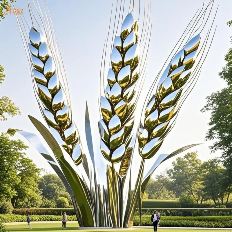 Outdoor Large Farming Decor Modern Mirror Art Metal Crop Wheat Ear Statue Giant Stainless Steel Polish Wheat Statue Sculpture