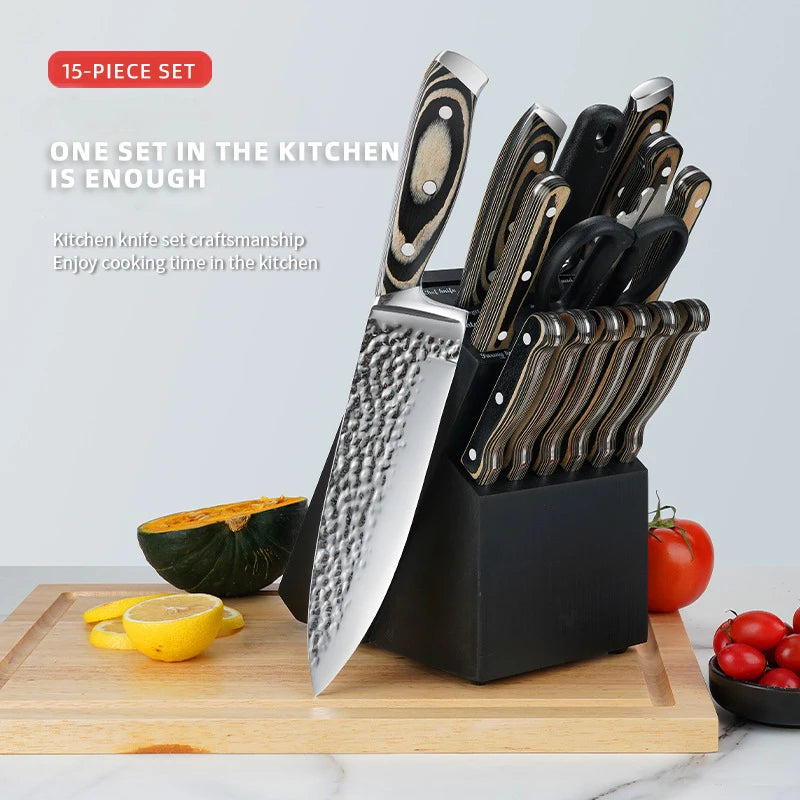 Professional 15-Piece Kitchen Knife Set with Wooden Block Dishwasher Safe Stainless Steel Chef Knives Set with Colored Gift