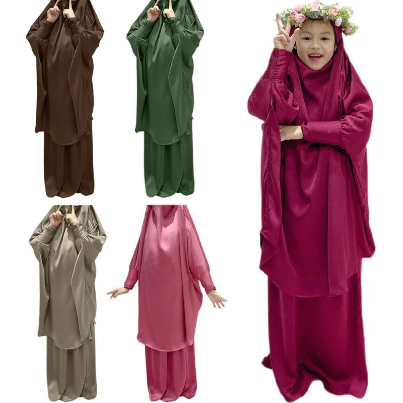 Hot Sale Islamic Children Clothing  Khimar Jilbab Kids Abaya Dress Muslim 2 Pc Prayer Abaya Set for Girls