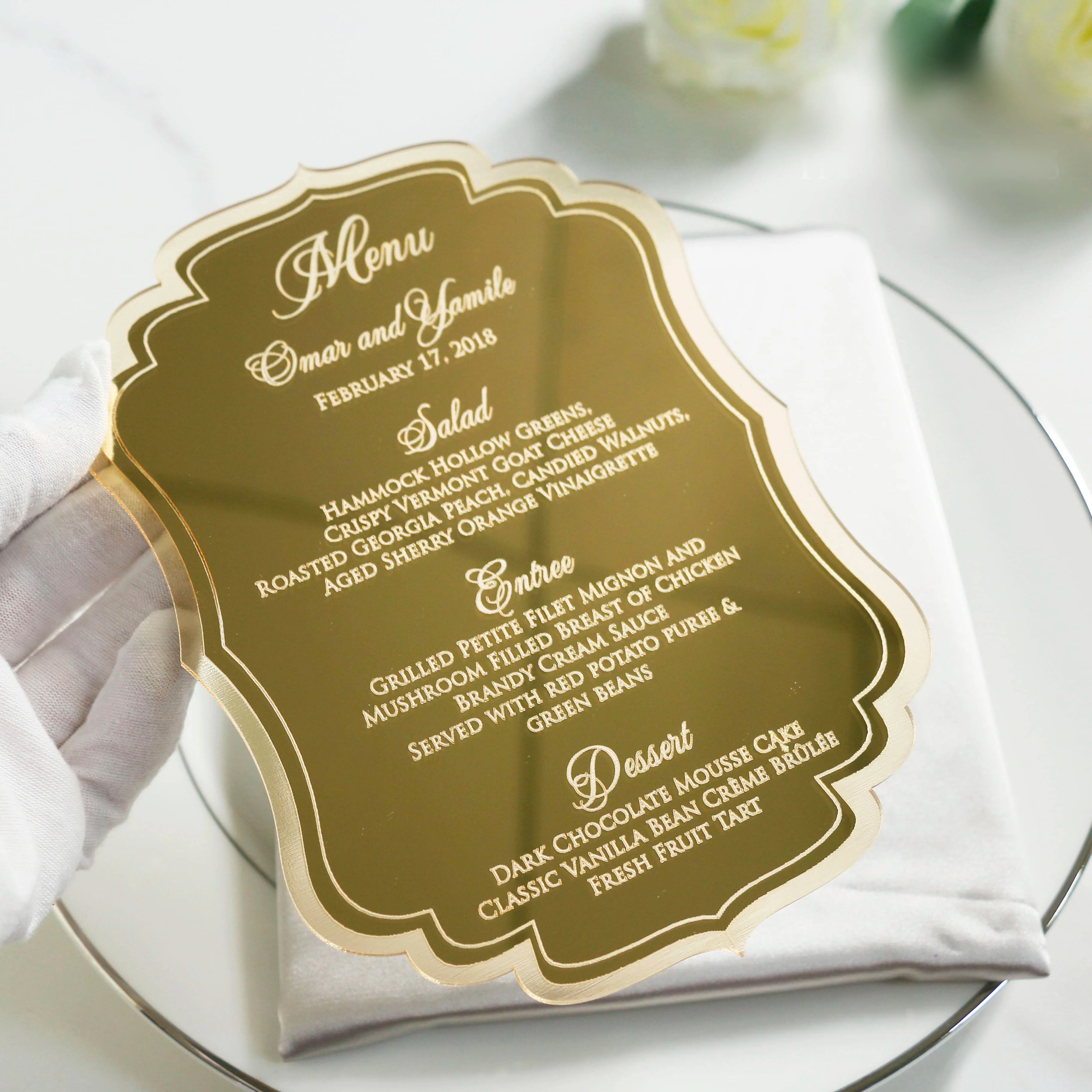 Free Sample Modern Style Gold Mirror Acrylic Greeting Card Wedding Invitations Cards With Engraved Text