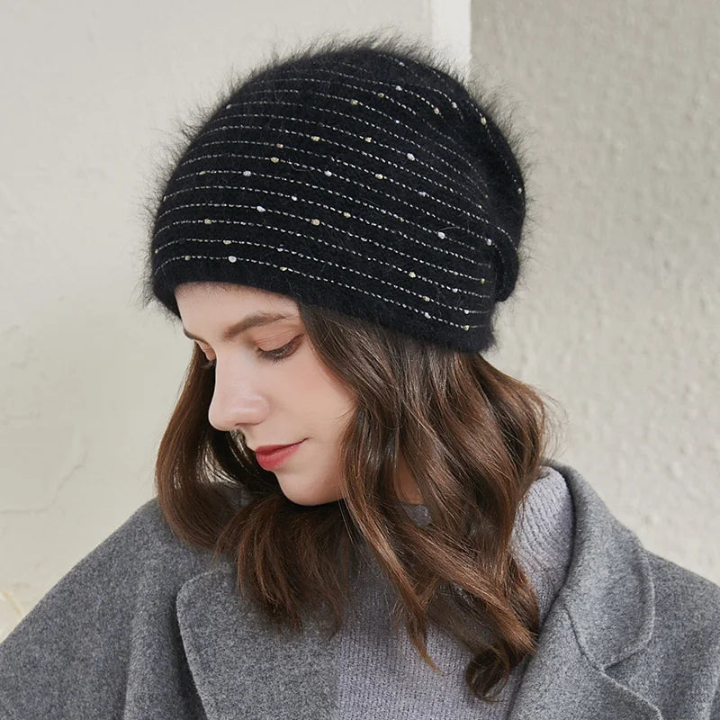 RTS Stock Winter Womens Knit Hats Angola Wool Warm Knitted Beanie Custom Colored Thread Ski Hat Fluffy Skull Hat