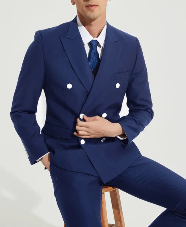 Double-Breasted Side Vent Groom Tuxedos Black Dark Blue Peaked Lapel Men's Wedding Dress Holiday Clothing(Jacket+Pants)