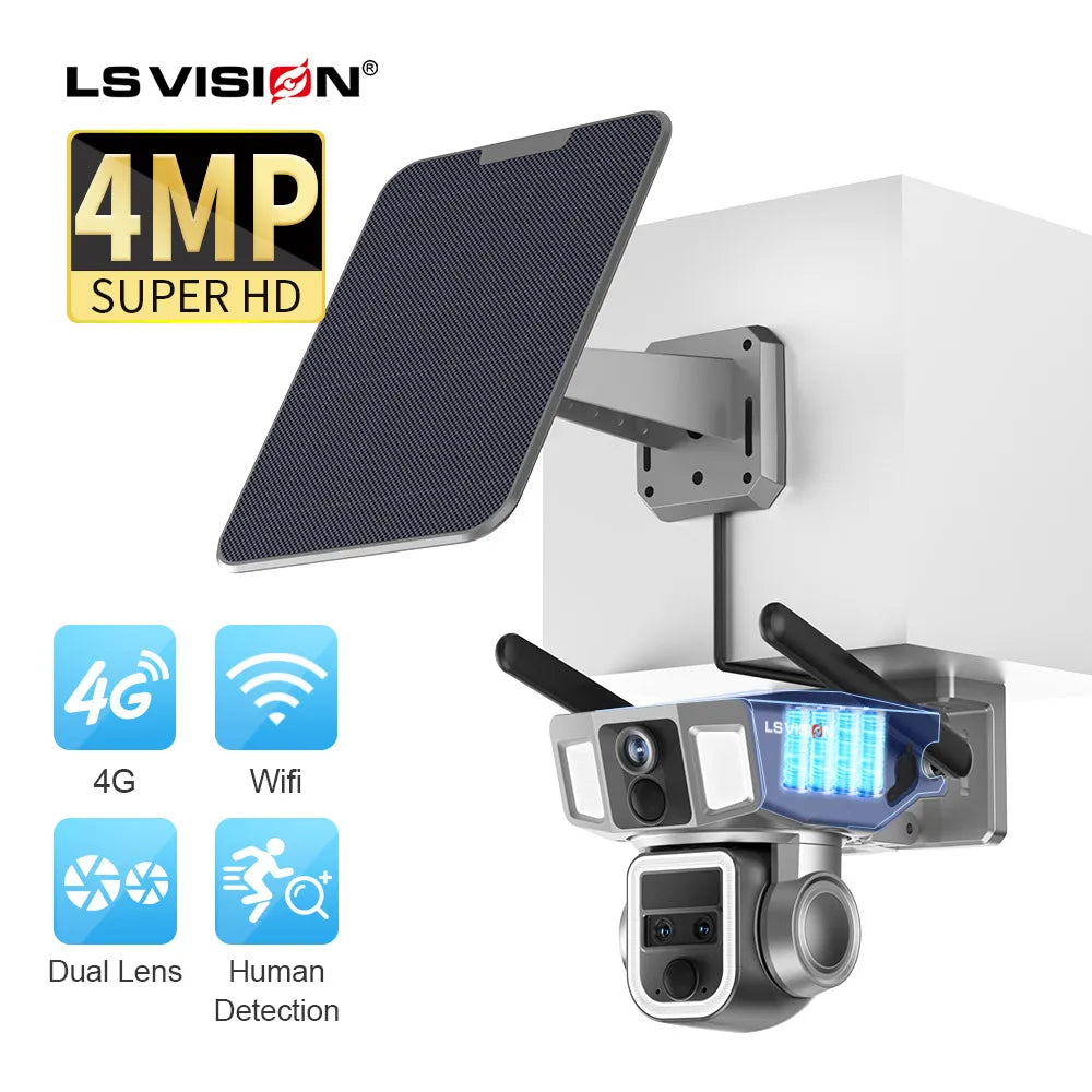 LS VISION Surveillance Dual Lens 2K 4G WIFI 4MP Solar Panel 10X Optical Zoom PTZ Security Light Alarm Battery Camera Outdoor