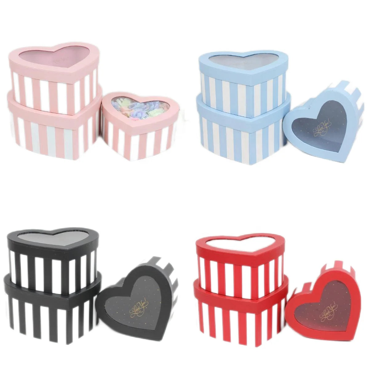 Valentine's Day Stripe Heart-Shaped Flower Box Set Transparent PVC Printed Rose Arrangement Embossed Gift Box with 3 Roses