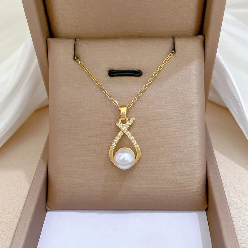 Meetyoo Artificial Pearl Brass Pendant Necklace Set Stainless Steel PVD 18K Gold Fashion Pendant Necklaces for Women