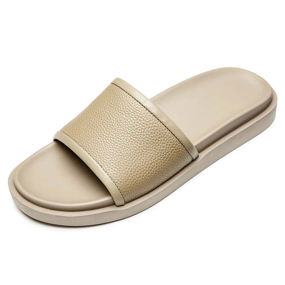 Korean Style Men's Summer Beige Genuine Leather Anti Slip Slides Simple Fashion for Outdoor Casual Beach Couhide Slippers Custom