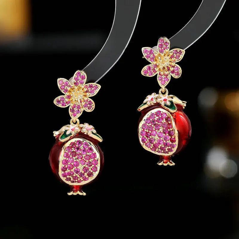 Creative S925 Silver Needle Earrings Inlaid Zircon Earrings Enamel Flower Pomegranate Huggie Earrings for Women