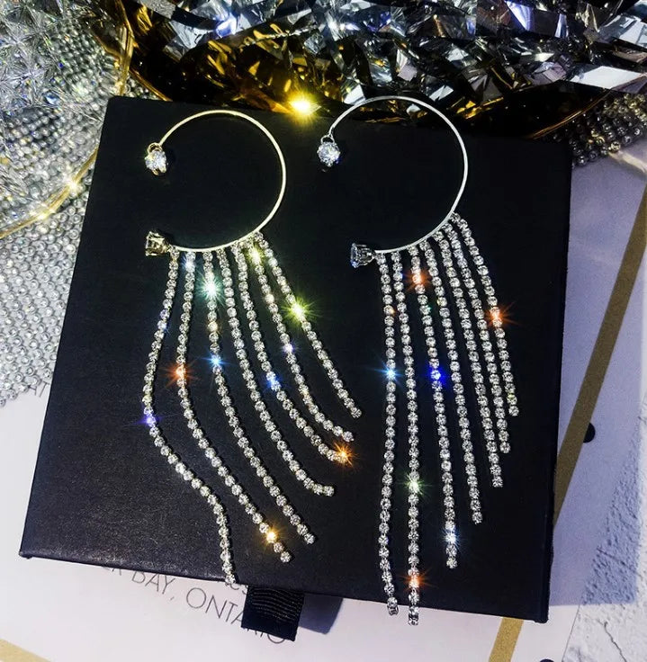 New Luxury Shining Zircon Rhinestone Long Tassel Ear Clip Ear Cuff Exquisite Vintage Clip Earrings Fashion Wedding Party Jewelry