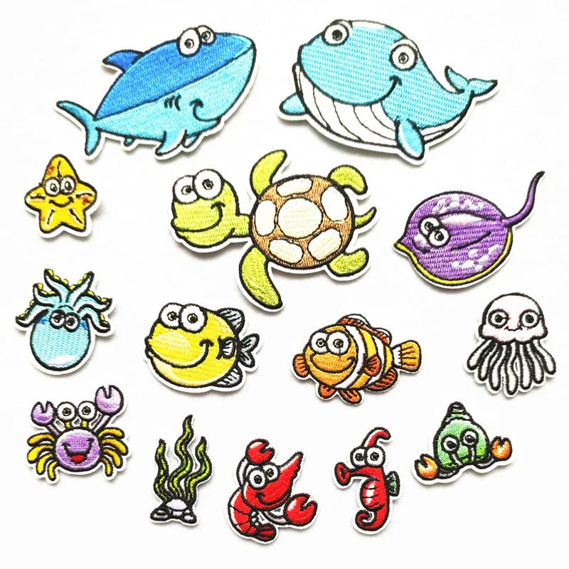 Turtle Lobster Crab Shark Seaweed Design Embroidered Handmade Nonwoven Felt Iron-On Sea Animal Patch Applique for Clothing