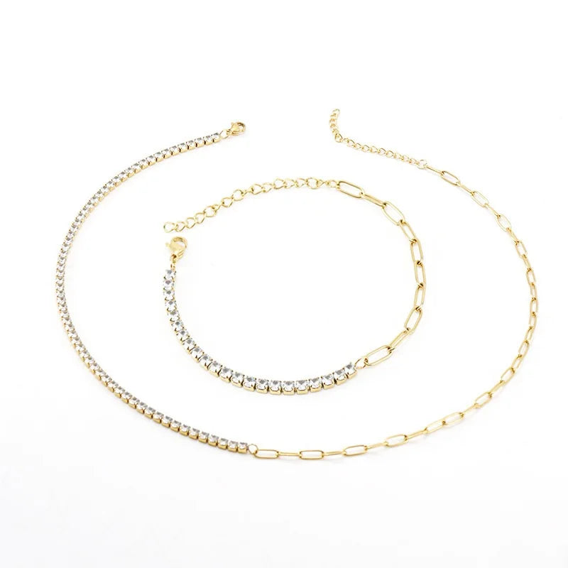Stainless Steel Tennis Chain Necklace Bracelet Jewelry Sets 18K Gold Plated Chain with Zircon Necklace for Women
