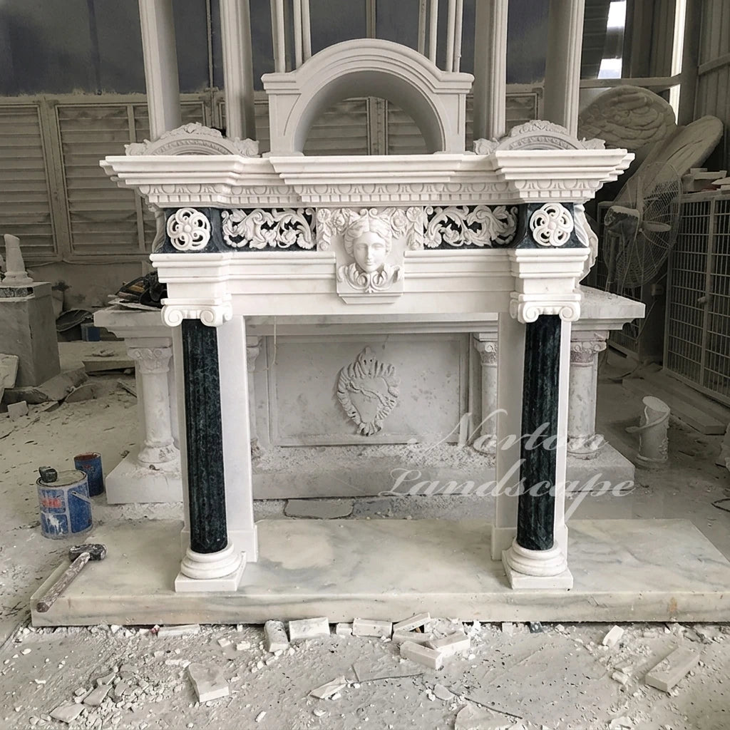 Modern Indoor Decorative French Style Freestanding Cast Stone White Marble Fireplace Surround Mantels Carving Flower Sculpture