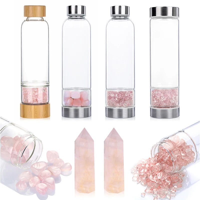 Custom Top Quality Custom Logo Healing Energy Crystal Bamboo Glass Rose Gold Water Bottle Crystal Infused Elixir Water Bottle