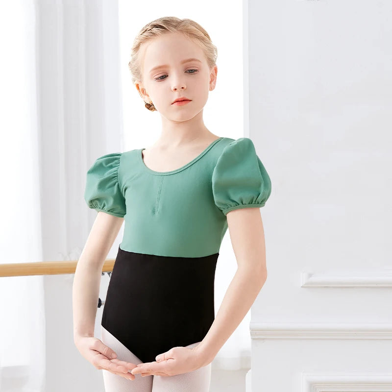 New Children Cute Puff Sleeve Ballet Leotards Girls Contrasting Colors Dance Bodysuit