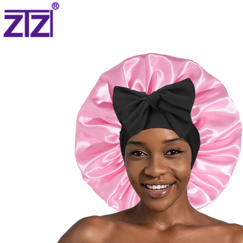 ZTZI Custom Luxury logo Long Large Braid Hair Women Head Sleeping Stain Bonnets and Satin Silk Hair Wraps with Tie and Scarf