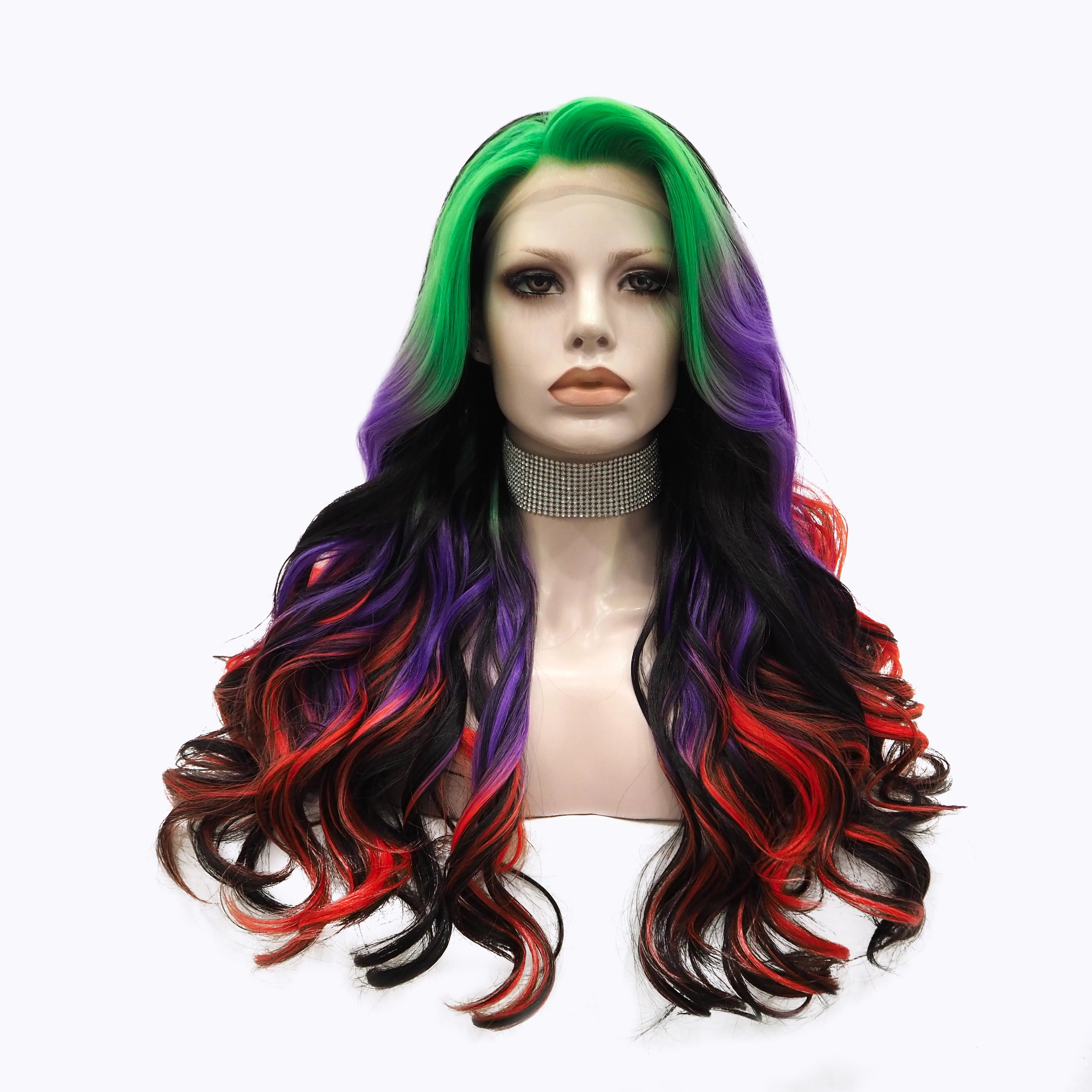 Celebrity Wig Cosplay Long Curl  Dyed Green Purple Red Black Color Daily Life Wearing Matte  Fiber Synthetic Lace Front Wigs
