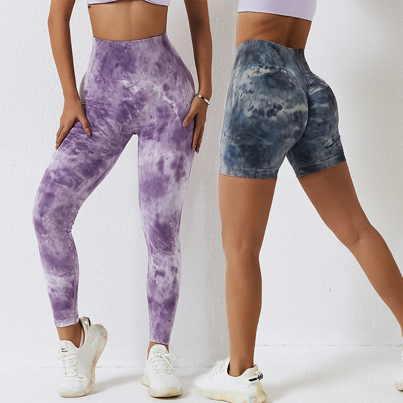 Janya Women's High Waist Seamless Yoga Shorts Tie Dye Scrunch Butt Lift Compression Sports Leggings Spandex Gym Plus Size