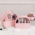 Valentine Gifts Pink Transparent Waterproof Zipper PU Makeup Cosmetic Bags Travel with Handle Custom Logo