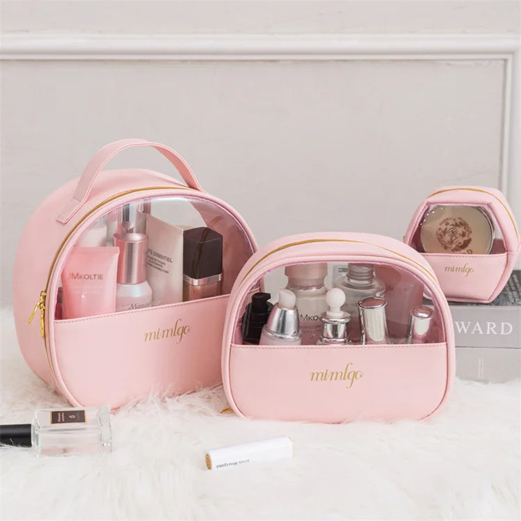 Valentine Gifts Pink Transparent Waterproof Zipper PU Makeup Cosmetic Bags Travel with Handle Custom Logo
