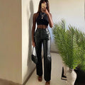 Luxurious Faux Leather Vintage Leisure Straight Pants for Women Autumn Winter Office Lady Slim Design Trousers Female Autumn