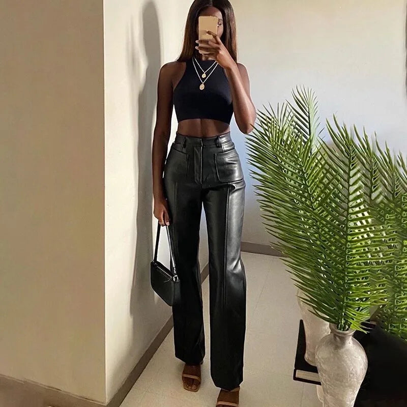 Luxurious Faux Leather Vintage Leisure Straight Pants for Women Autumn Winter Office Lady Slim Design Trousers Female Autumn