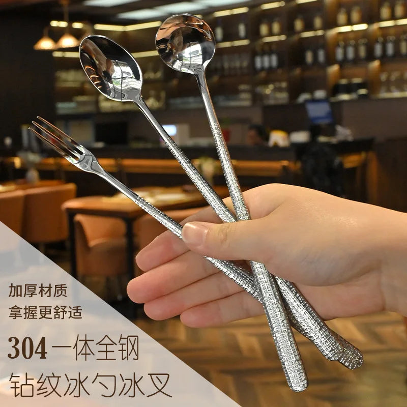 Elegant 304 Steel Diamond Pattern Ice Spoon Fork Dessert Spoon Fruit Fork Extended Silverware Cutlery