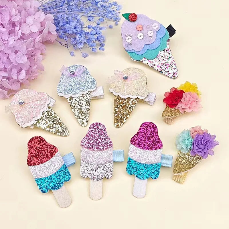 CN Summer Lovely Glitter Ice Cream Hair Pins Sparkly Glitter Hair Clip  Pastel Mesh Flower Hair Clip Princess Gift Accessories