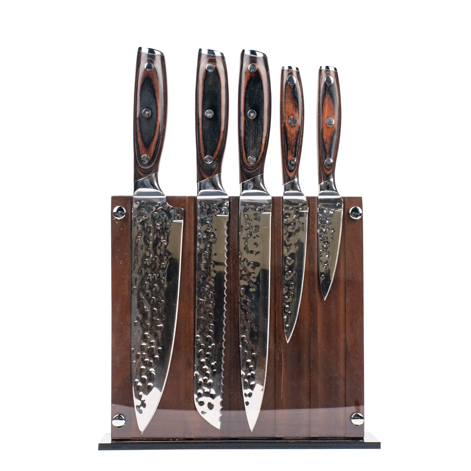 Professional 6-Piece 3Cr13 Stainless Steel Hammered Pattern Kitchen Knife Set Pakka Wood Handle Ambidextrous Design for Daily