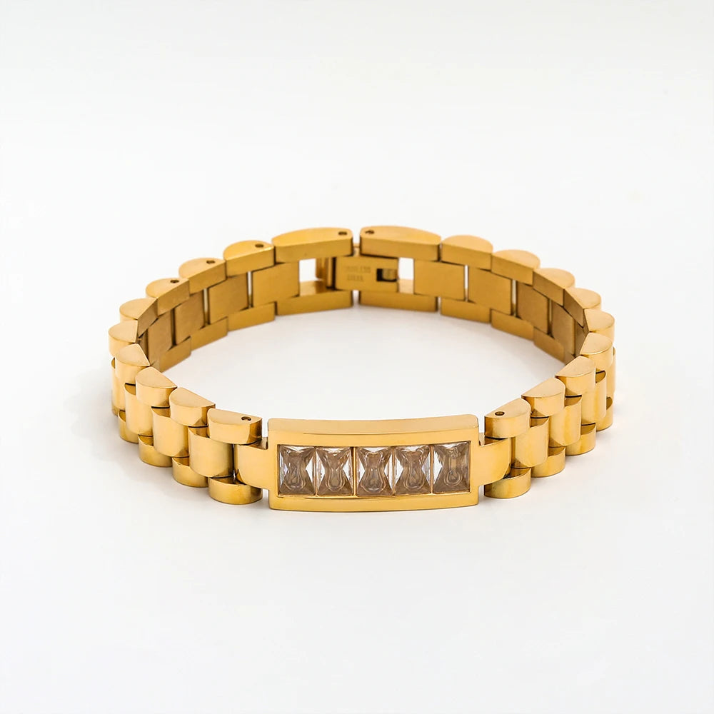18K PVD Gold Plated Link Chain Chunky CZ Crystal Band Stainless Steel Charm Bracelet Fashion Jewelry