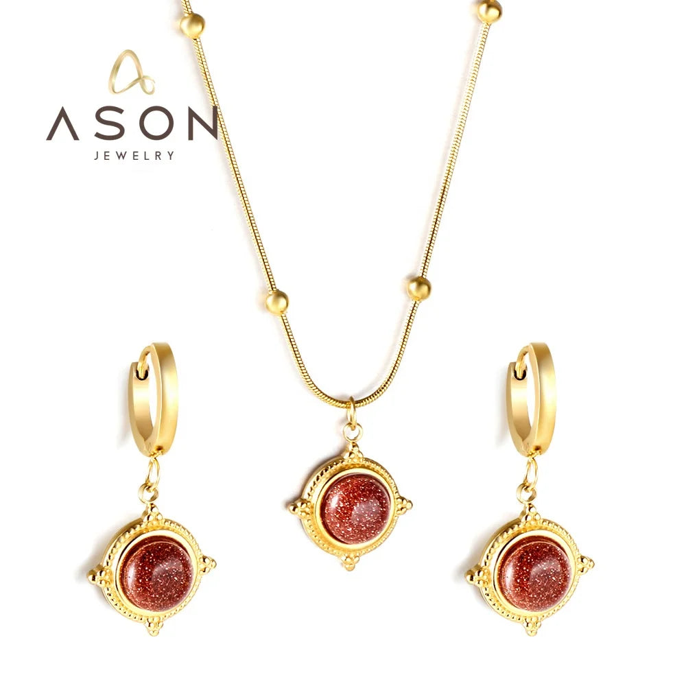 Ason Jewelry Women Pendant Necklace and Drop Stud Earrings Set 18k Gold Plated Stainless Steel Red Gold Sandstone Jewelry Set