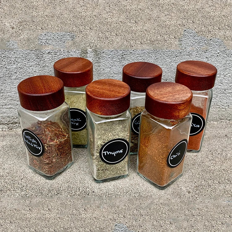New Design Custom 120ml Transparent Square Glass Bamboo Wooden Screw Lid Seasoning Spice Bottle with Plastic Cover