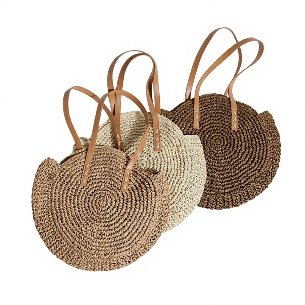 Women's Handmade Straw Half Moon Shape Tote Bag Zipper Closure Soft Durable Eco-Friendly Lightweight Beach Travel Shoulder Bag