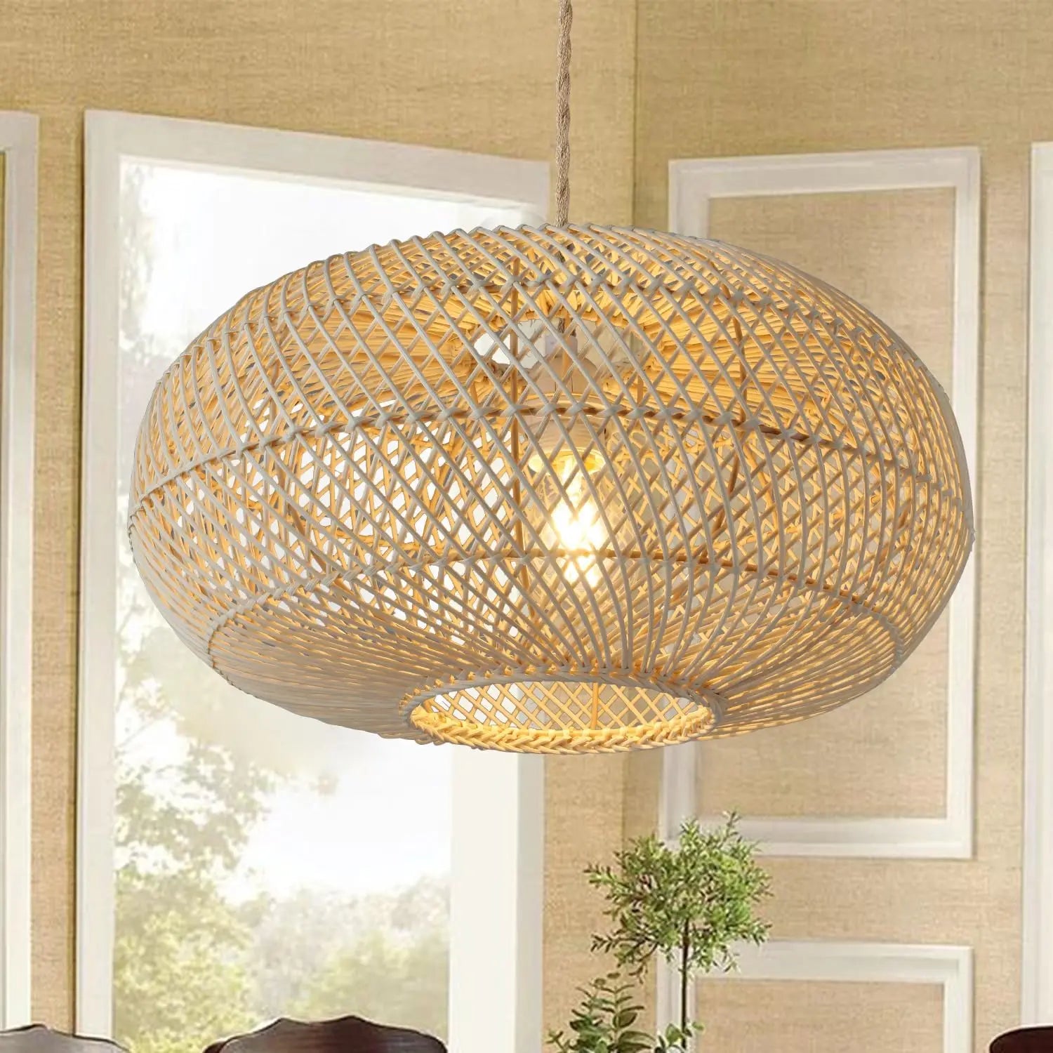 Rattan Pendant Light 16" Hand-Woven Rattan Hanging Light Chandelier Bohemian Pendant Lamp for Kitchen Foyer Farmhouse Porch