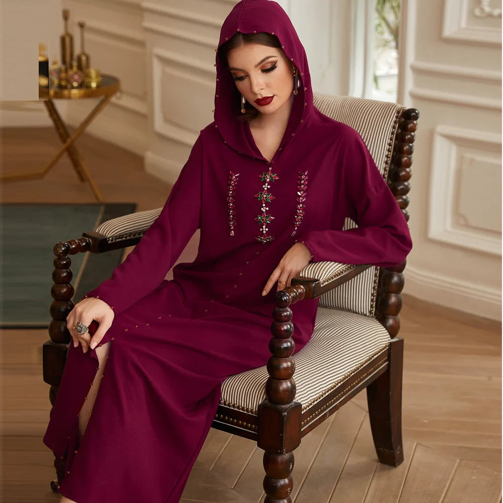 Moroco Style Plain Burgundy Color Nail Glass Pearl Front Rhinestone Decoration Floor Length Hoodi Abayas for Islamic Women