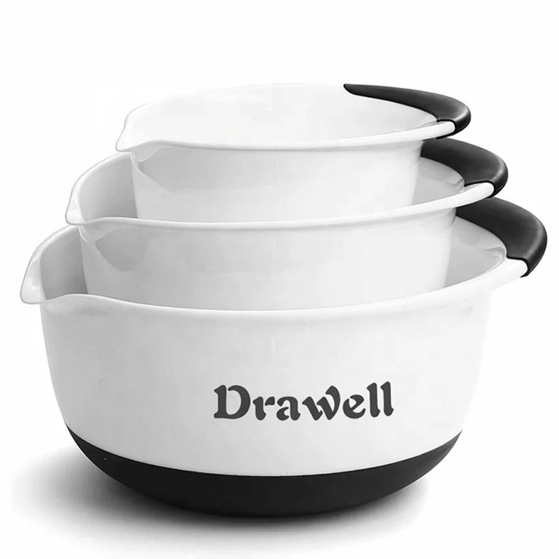 Small Order Wholesale Multipurpose Nesting 3pcs Plastic Mixing Bowl Set With Non Slip Bottom & Pouring Spout for Baking Salad