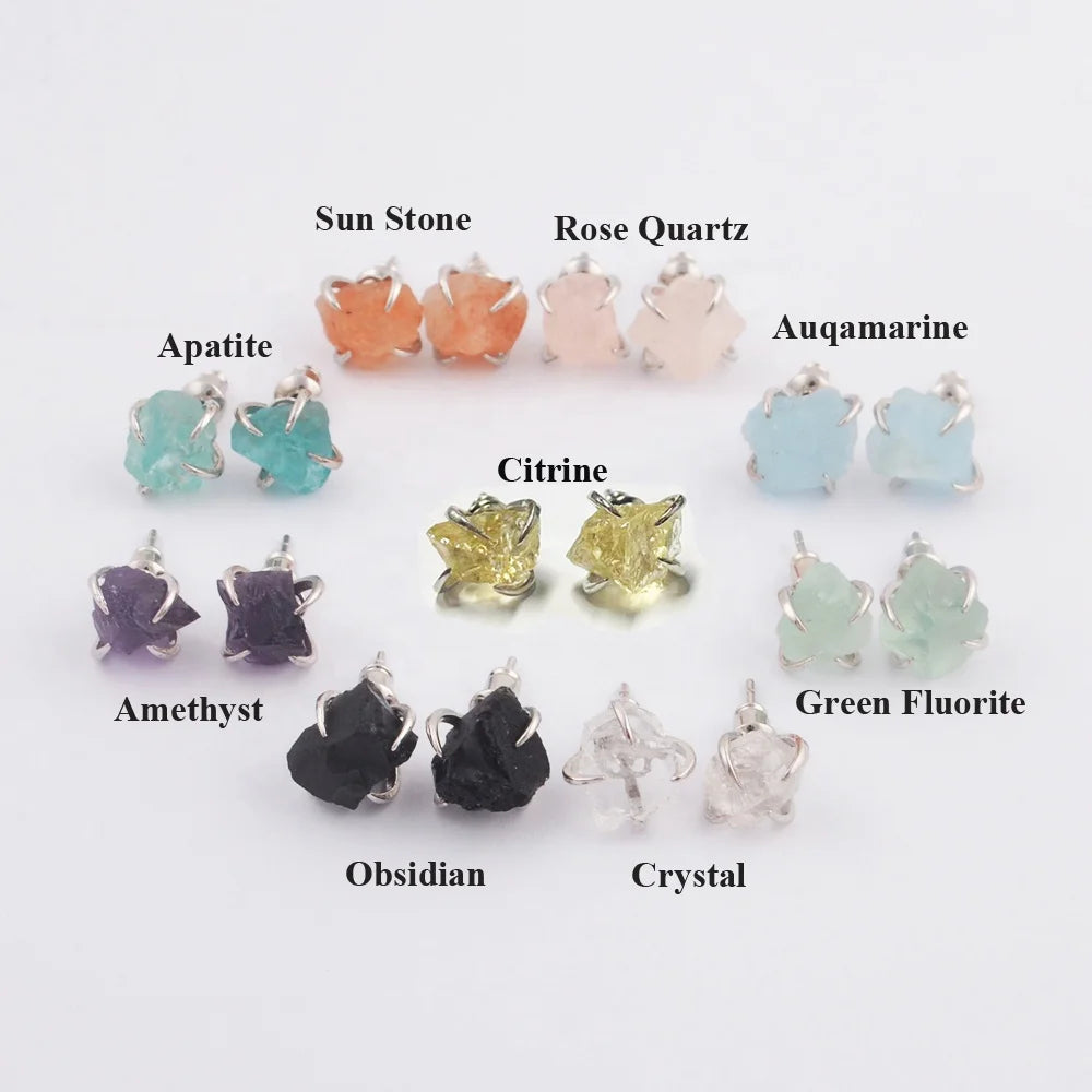 Fashion Women Silver Plated Minimalist Gemstone Studs Earring Natural 7 Chakra Cirine Healing Crystal Earrings
