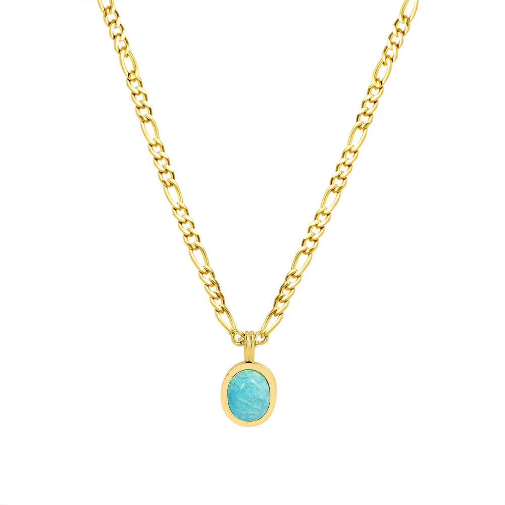 French Vintage Personalized 18K Gold Plated Stainless Steel Jewelry Gift Thick Chain Blue Cubic Zirconia Oval Pendant Necklace