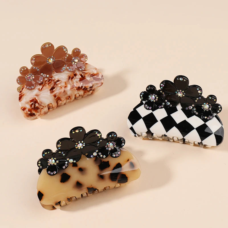 Mi Dairy Flower Shaped Checkerboard Black White Rhinestone Crystal Hair Claws Clips for Women Girls 222574