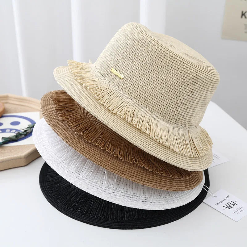Women Straw Sun Hats Wide Brim Flat Top Hat Summer Beach Travel Sun Protection Boater Hat
