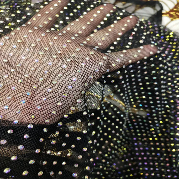 5mm Stretch Elastic Tulle Crystal Glass Rhinestone Mesh Fabric With Stones for Shoes Garment Dress