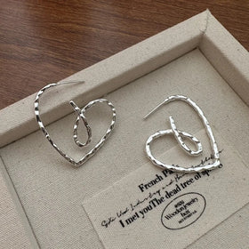 Hammered 925 Sterling Silver Geometric Hollow Heart Big Stud Earrings for Girls Gifts