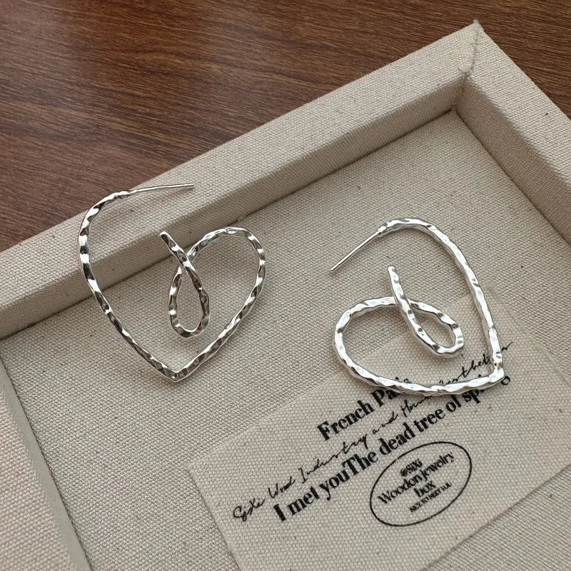 Hammered 925 Sterling Silver Geometric Hollow Heart Big Stud Earrings for Girls Gifts