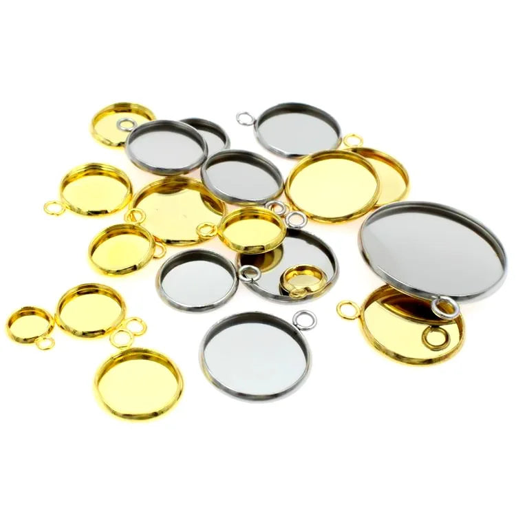 Wholesale Stainless Steel Round Blank Bezel Pendant Connector Trays Base Cabochon Settings Trays for Jewelry Making