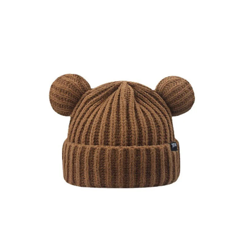 Women's 100% Wool Winter Beanie Cute Little Bear Ears Large Loose Knitted Hat 3D Embroidery Thickened Warm Plain Beach Business