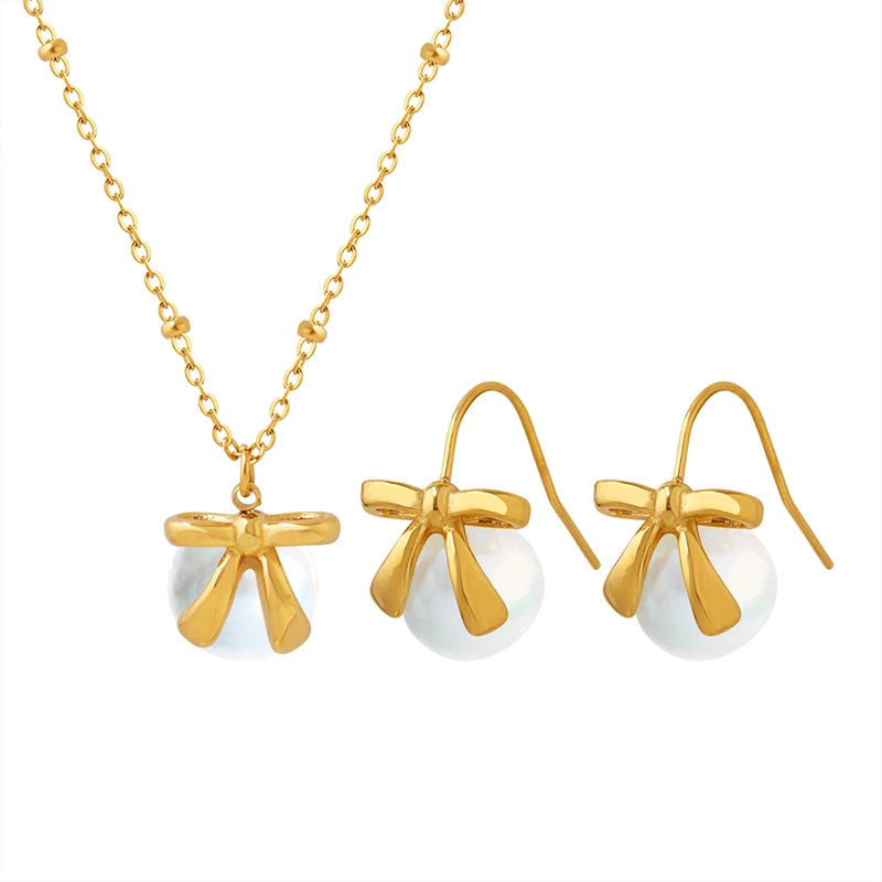 Round Bowknot Colored Glass Beads Earrings Stainless Steel Necklace Jewelry Set