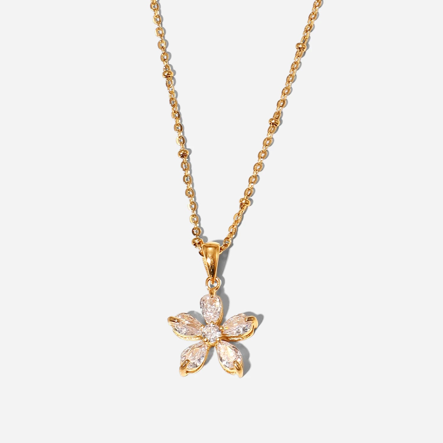 18K  Plated Stainless Steel Gift 16mm White Cubic Zirconia Five-petal Flower Pendant Necklace