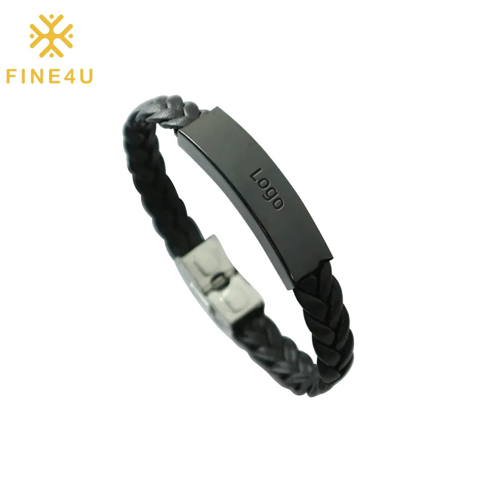 Pulsera Hombre Custom Boys Bulk Genuine bar Vintage Engraved Black Mens Rope PU Leather Bracelet