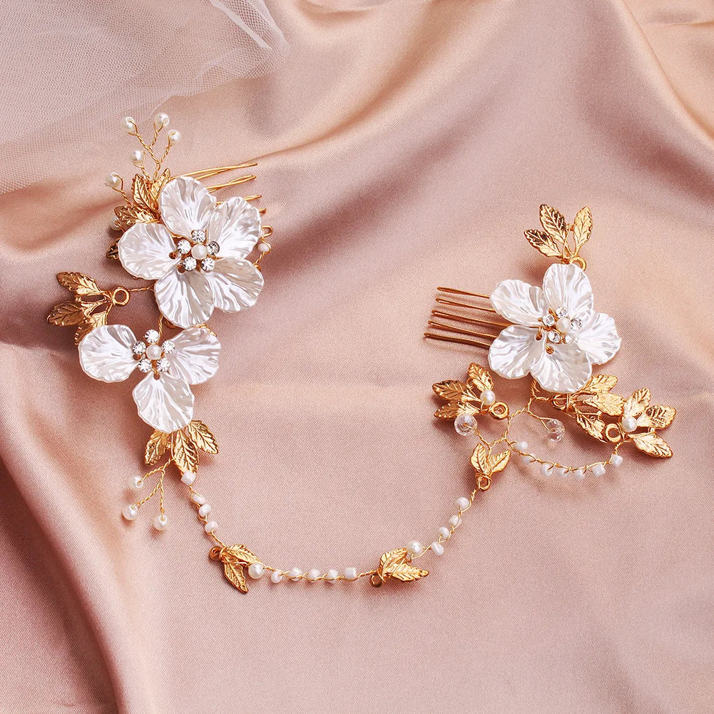 Pearl Flower Crystal Alloy Leaf Double Hair Comb Wedding Bride Headdress Hair Accessories