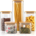 Clear Glass Square Kitchen Canisters Stackable Airtight Bamboo Lid Food Storage Containers