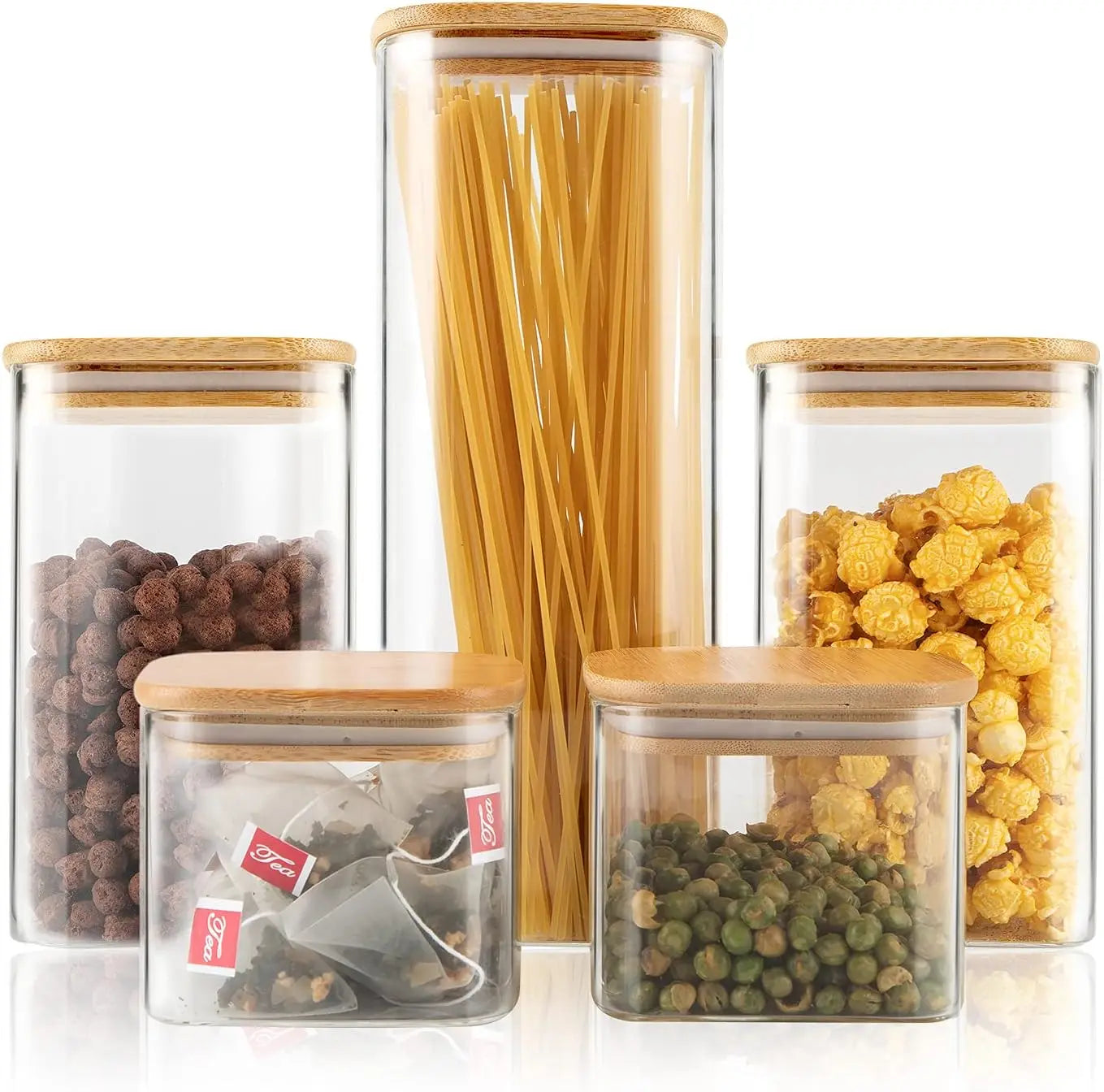 Clear Glass Square Kitchen Canisters Stackable Airtight Bamboo Lid Food Storage Containers