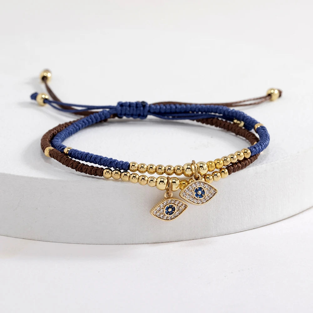 New Arrival Fashion Men's Blue Eyes Pendant Wax Rope Handmade Dainty 18K Gold Copper Evil Eye Charm Adjustable Bracelet Gift